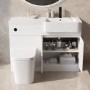 1100mm White Right Hand Toilet and Sink Unit with Square Toilet and Black Fittings - Bali