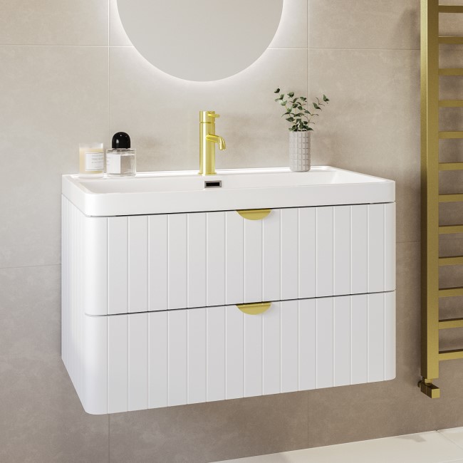 800mm White Wall Hung Vanity Unit with Basin and Brass Handles - Empire