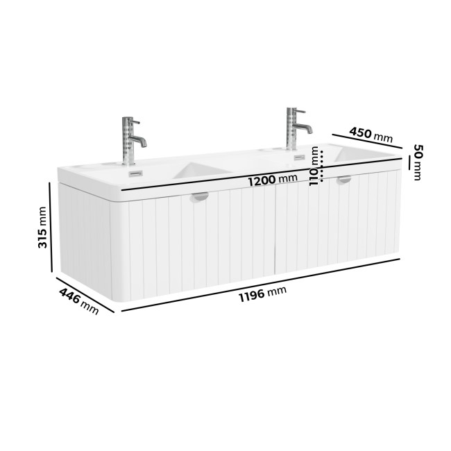 1200mm White Wall Hung Double Vanity Unit with Basin and Chrome Handles - Empire