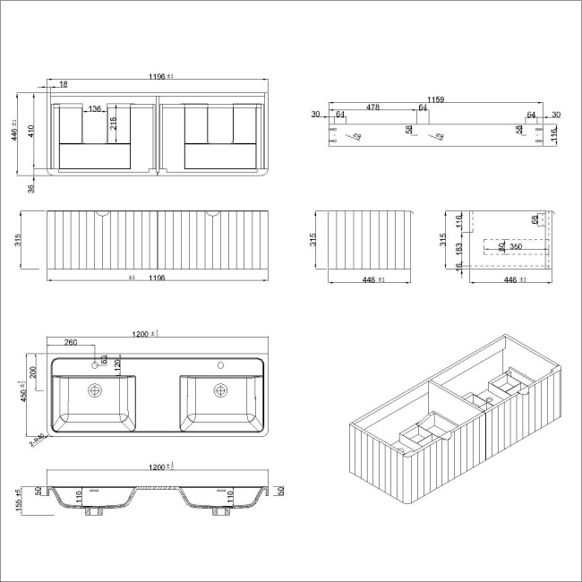 1200mm White Wall Hung Double Vanity Unit with Basin and Chrome Handles - Empire