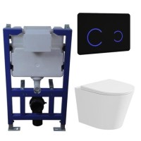 Matt White Wall Hung Rimless Toilet with Soft Close Seat Black Glass Sensor Pneumatic Flush Plate 820mm Frame & Cistern - Verona