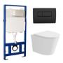 Matt White Wall Hung Rimless Toilet with Soft Close Seat Black Pneumatic Flush Plate 1170mm Frame & Cistern - Verona