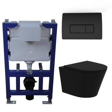 Matt Black Wall Hung Rimless Toilet with Soft Close Seat Black Pneumatic Flush Plate 820mm Frame & Cistern - Verona