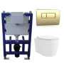 Wall Hung Toilet with Soft Close Seat Brushed Brass Pneumatic Flush Plate 820mm Frame & Cistern - Alcor