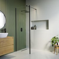 Walk In Shower 800mm Black Frameless with 300mm Fixed Panel and Wall Support Bar - Corvus