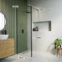 Walk In Shower 800mm Black Frameless with 300mm Fixed Panel and Wall Support Bar - Corvus