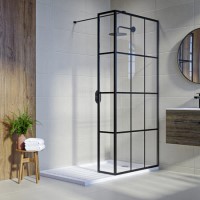 Walk In Shower 800mm Black Grid Framework with 300mm Fixed Panel and Wall Support Bar - Nova