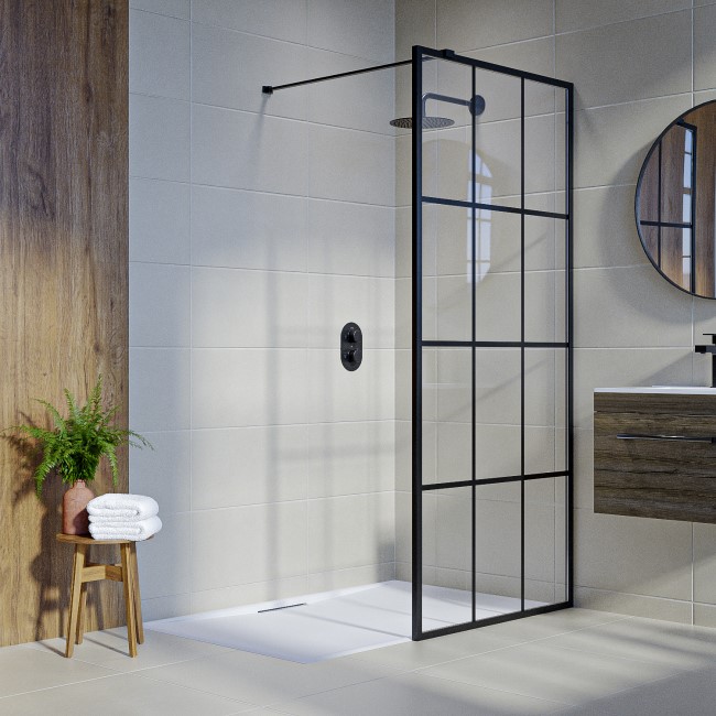 1400x800mm Black Grid Framework Wet Room Shower Screen Enclosure with Shower Tray - Nova