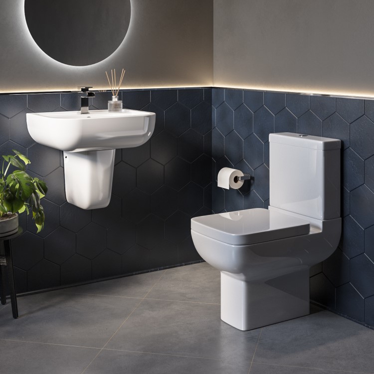 Close Coupled Toilet and Semi Pedestal Basin Bathroom Suite - Seren