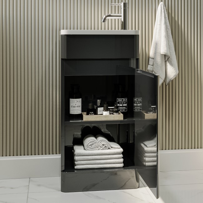 Close Coupled Toilet and Dark Grey Gloss Basin Vanity Unit Cloakroom Suite - Pendle