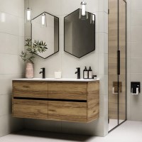 1200mm Wood Effect Wall Hung Double Vanity Unit with Basins - Roxbi