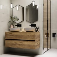 1200mm Wood Effect Wall Hung Double Countertop Vanity Unit with Basin - Roxbi