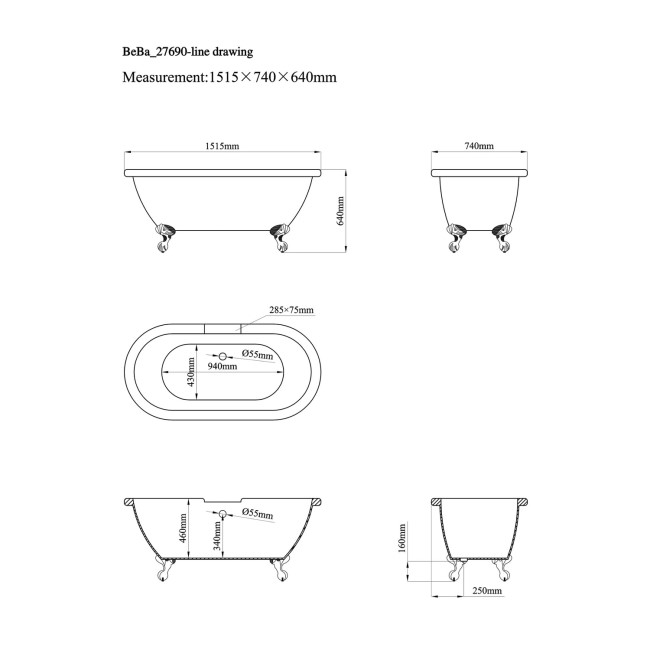 Grey Freestanding Double Ended Roll Top Slipper Bath with White Feet 1515 x 740mm - Park Royal