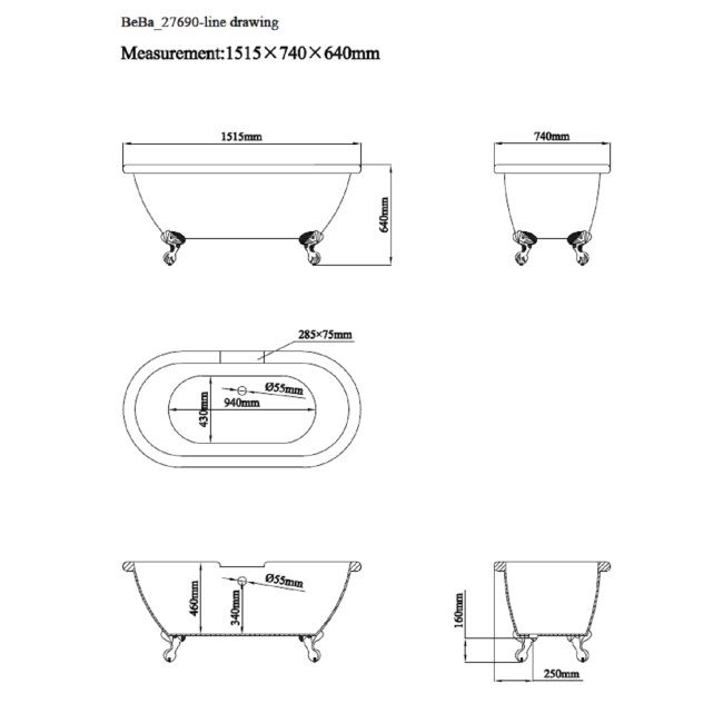 Matt Grey Double Ended Roll Top Freestanding Bath with Chrome Feet 1515 x 740mm - Park Royal