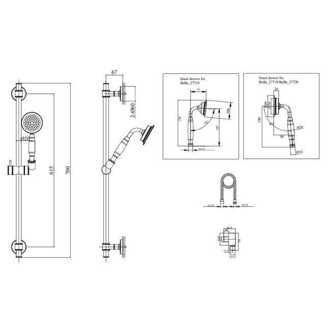 Black Single Outlet Thermostatic Mixer Shower Set with Hand Shower  - Camden