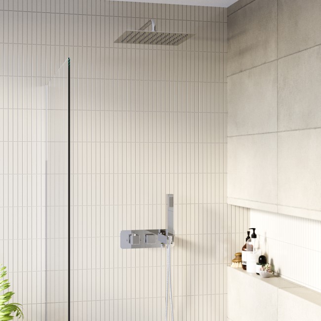 Chrome Dual Outlet Wall Mounted Thermostatic Mixer Shower Set with Hand Shower - Cube