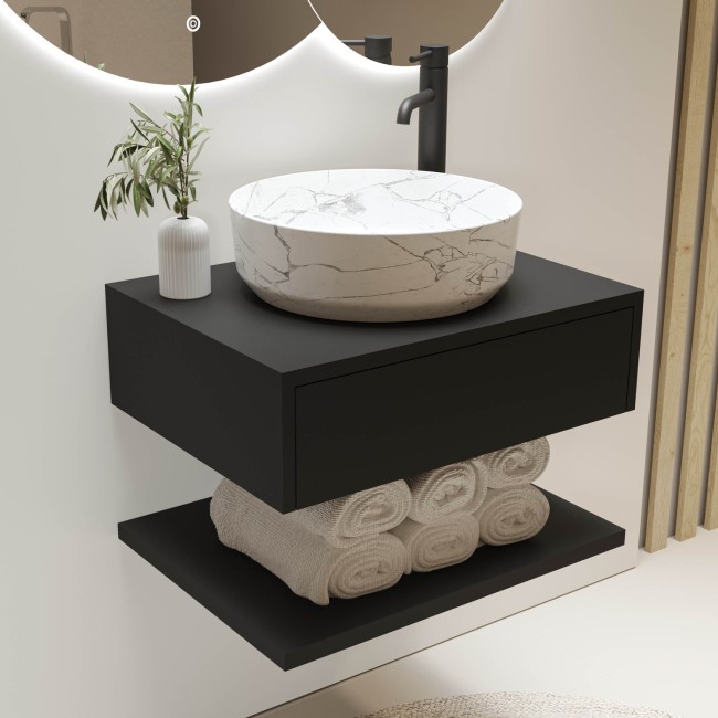 600mm Black Wall Hung Countertop Vanity Unit with White Marble Effect Basin and Shelves - Lugo