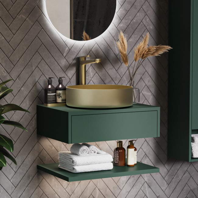 600mm Green Wall Hung Countertop Vanity Unit with Brass Basin and Shelves- Lugo