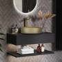 800mm Black Wall Hung Countertop Vanity Unit with Brass Basin and Shelves - Lugo