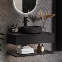 800mm Black Wall Hung Countertop Vanity Unit with Black Marble Effect Basin and Shelves - Lugo