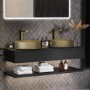 1200mm Black Wall Hung Double Countertop Vanity Unit with Brass Basins and Shelves - Lugo