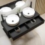 1200mm Black Wall Hung Double Countertop Vanity Unit with White Marble Effect Basins and Shelves - Lugo