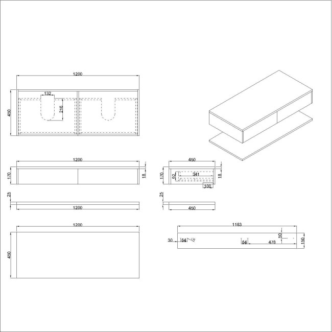 1200mm Black Wall Hung Double Countertop Vanity Unit with White Marble Effect Basins and Shelves - Lugo