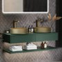 1200mm Green Wall Hung Double Countertop Vanity Unit with Brass Basins and Shelves - Lugo