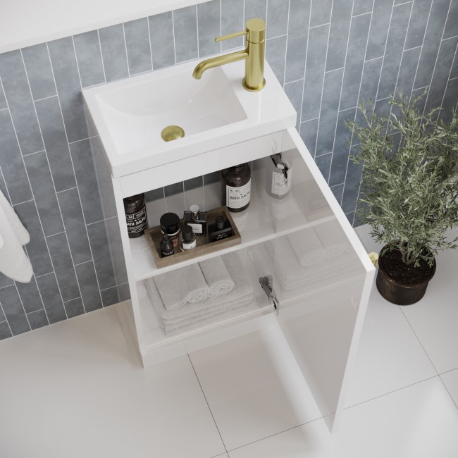 400mm White Cloakroom Freestanding Vanity Unit with Basin and Brass Handle - Ashford