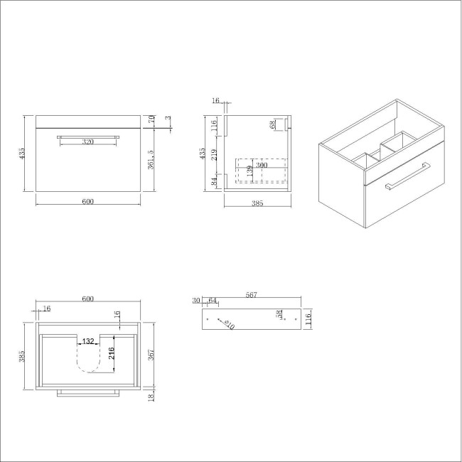 600mm White Wall Hung Vanity Unit with Basin and Black Handle - Ashford