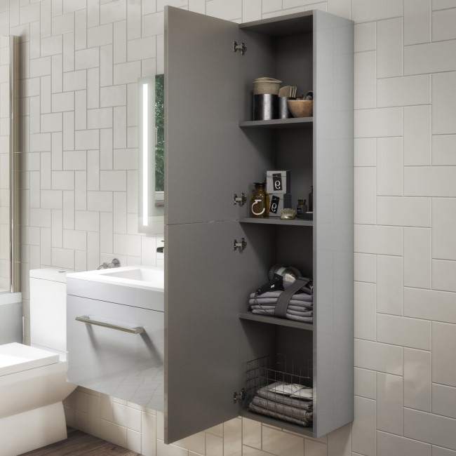 Double Door Grey Wall Hung Tall Bathroom Cabinet with Chrome Handles 350 x 1400mm - Ashford