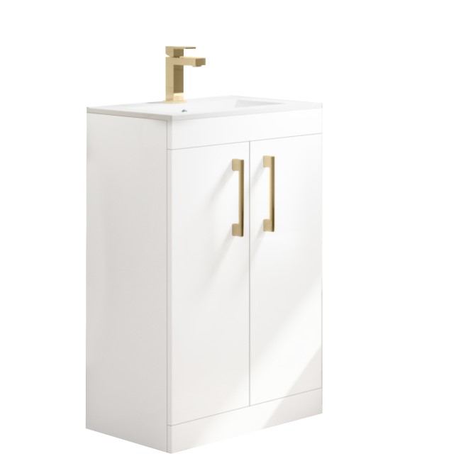 600 mm White Freestanding Vanity Unit with Basin and Brass Handle - Ashford