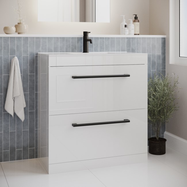 800mm White Freestanding Vanity Unit with Basin and Black Handles - Ashford