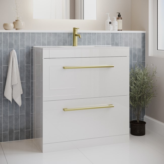 800mm White Freestanding Vanity Unit with Basin and Brass Handles - Ashford