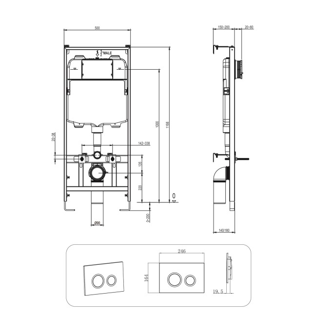 Wall Hung Toilet with Soft Close Seat Brushed Brass Mechanical Flush Plate with 1160mm Frame & Cistern - Newport