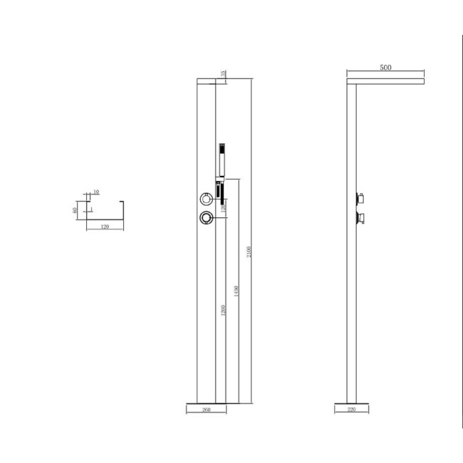 Chrome Outdoor Shower with Pencil Hand Shower 2 Outlets - Suva