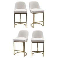 Set of 4 Beige Boucle Kitchen Stools with Brass Legs - Callie