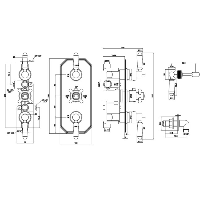 Black Dual Outlet Wall Mounted Thermostatic Mixer Shower Set with Hand Shower - Cambridge