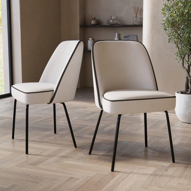 Set of 2 Cream Fabric Dining Chairs with Contrast Piped Detail - Celia