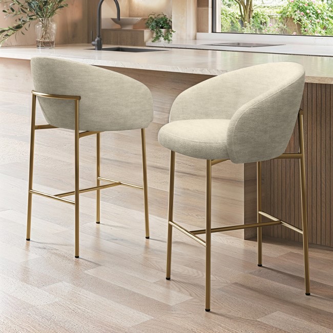 Set of 2 Cream Upholstered Kitchen Stools with Brass Legs and Back - Cora