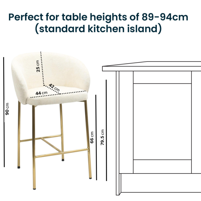 Cream Upholstered Kitchen Stool with Brass Legs and Back - Cora