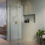 Walk In Shower 800mm Brushed Brass Frameless with 300mm Hinged Flipper Panel and Wall Support Bar - Corvus