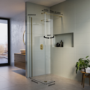 Walk In Shower 800mm Brushed Brass Frameless with 300mm Hinged Flipper Panel and Wall Support Bar - Corvus