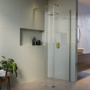 Walk In Shower 800mm Brushed Brass Frameless with 300mm Hinged Flipper Panel and Wall Support Bar - Corvus