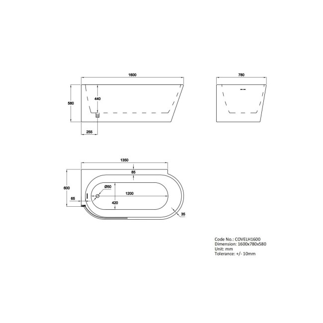 Freestanding Shower Bath Single Ended Left Hand Corner with Chrome Bath Screen 1600 x 780mm - Cove