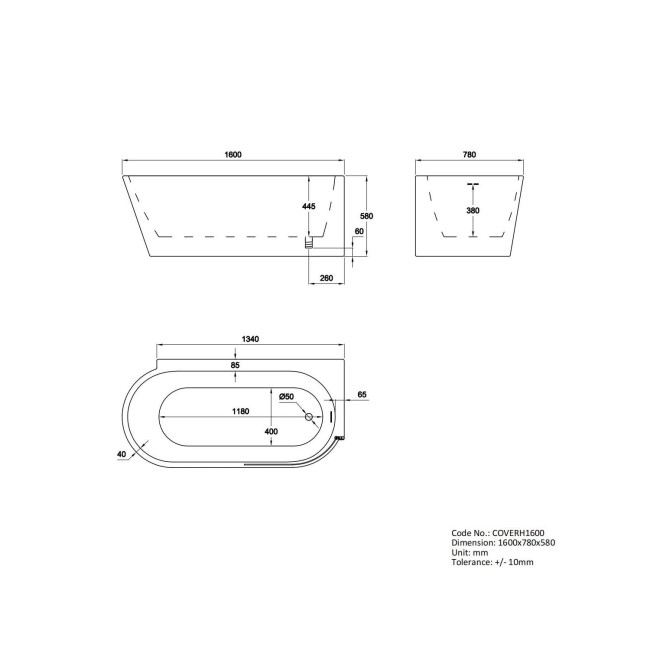 Freestanding Shower Bath Single Ended Right Hand Corner with Brass Bath Screen 1600 x 780mm - Cove