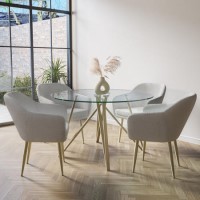 Round Glass Dining Table Set with Gold Legs with 4 Cream Boucle Chairs - Seats 4 - Dax