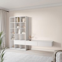 White Gloss Wall Hung Bookcase with Open Shelving and Drawers - Everett