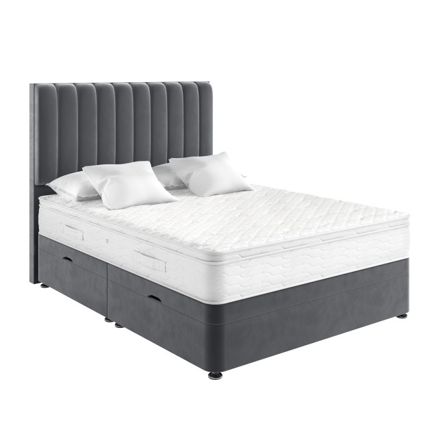 Grey Velvet Super King Divan Ottoman Bed with Vertical Stripe Headboard - Langston