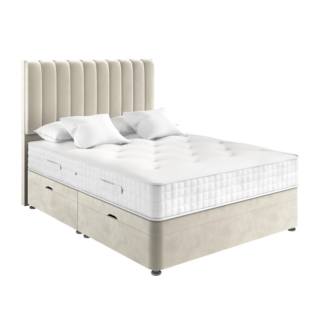 Beige Velvet Super King Divan Ottoman Bed with Vertical Stripe Headboard - Langston